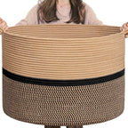 CHICVITA XXL Extra Large Cotton Rope Woven Basket, Throw Blanket Storage Basket with Handles, Decorative Clothes Hamper - 22" x 22" x 14", Brown&Black