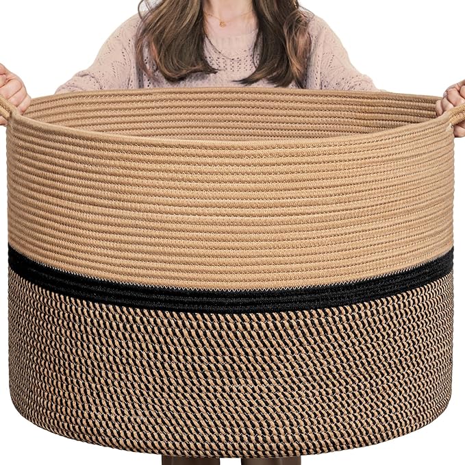 CHICVITA XXL Extra Large Cotton Rope Woven Basket, Throw Blanket Storage Basket with Handles, Decorative Clothes Hamper - 22" x 22" x 14", Brown&Black