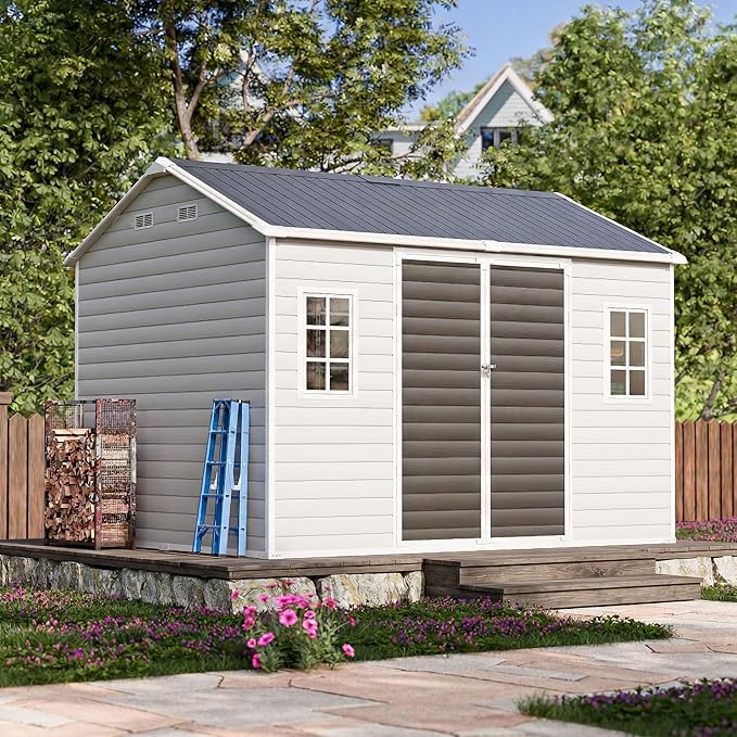 10x8 FT Resin Plastic Shed with Floor, Heavy-Duty 21-Gauge Reinforced Steel Frame, 16mm Ultra-Thick Panels, Outdoor Storage Sheds with Awning Windows and Air Vents