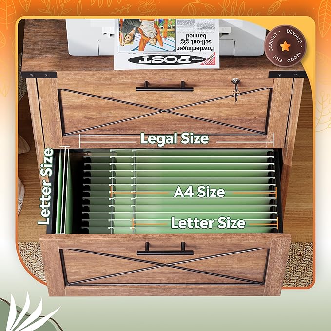 DEVAISE Lateral File Cabinet with Lock, 2 Drawers & Charging Station, Farmhouse Wood Printer Stand with Large Storage, Fits A4/Letter/Legal Hanging Files, Oak