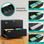 SISESOL 2 Drawer Lateral File Cabinet with Lock,Black Lateral Filing Cabinet,Horizontal Metal Filing Cabinets,Locked Wide Two Drawer File Cabinets for Office Home,Fit A4/F4/Letter/Legal File