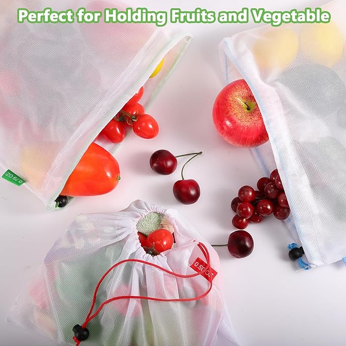 Dyrfolm15 Pack Reusable Produce Bags,See-Through Vegetable Storage Bags with Drawstring &Colorful Tare Weight Tags,Washable Mesh Produce Bags for Grocery Shopping,Fruits,Vegetable(3 Sizes)