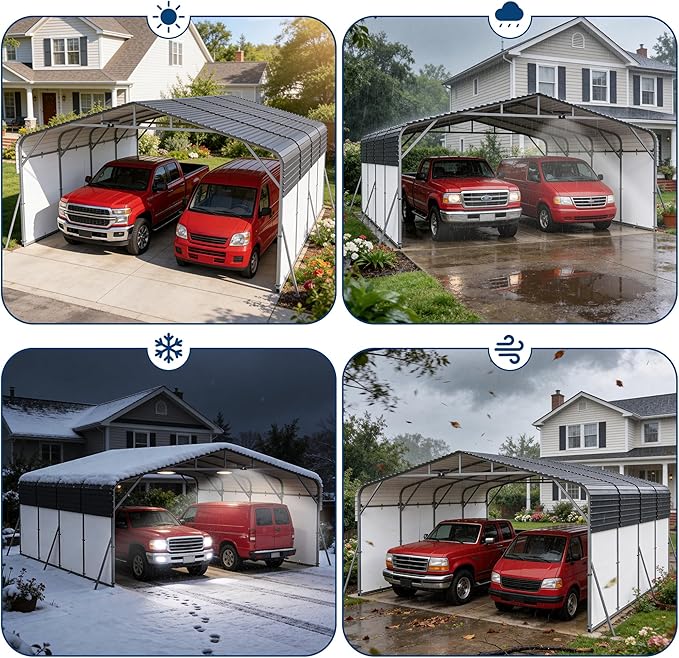 20x20FT Metal Carport w/Led Light,Outdoor Portable Car Garage,Removable PE Sidewalls,Reinforced Base & Galvanized Steel Roof, Outdoor Car Port Canopy Shelter for Boats, Full-Sized Pickup Trucks