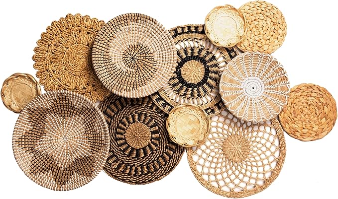 Laquedecraft Set 12 Boho Wicker Rattan Plate Basket Set For Décor Hanging Wall | Large Woven Farmhouse Rustic Bohemian Art Baket Hangings For Decorative Home, Bedroom, Living Room, Kitchen, Bathroom (Classic, 12)