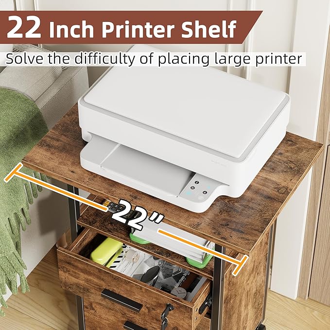 GYIIYUO 2 Wood Drawer Lockable File Cabinet with 22'' Extended Desktop, Mobile Filing Cabinet with Side Bag, Rolling Printer Stand, Fits A4&Letter Size, Home Office, Rustic Brown