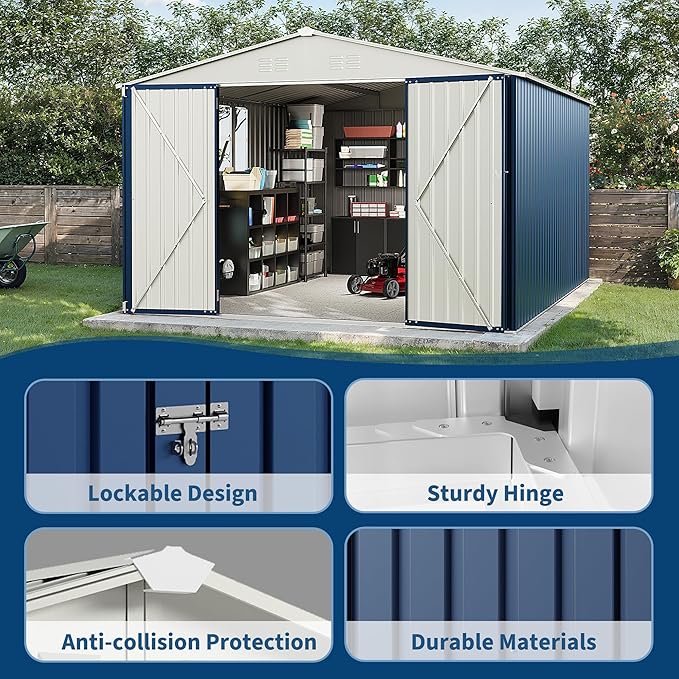 10X12 FT Storage Shed，Lockable Gable Roof Garden Shed with Grid Window, All-Weather Resistant Storage Unit for Bikes, Ladders, Patio Supplies & Garden Essentials