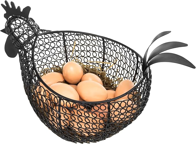MyGift Egg Holder Countertop, Chicken Shaped Wire Egg Gathering Basket, Farmhouse Home Decor Display Storage Collecting Basket, Black