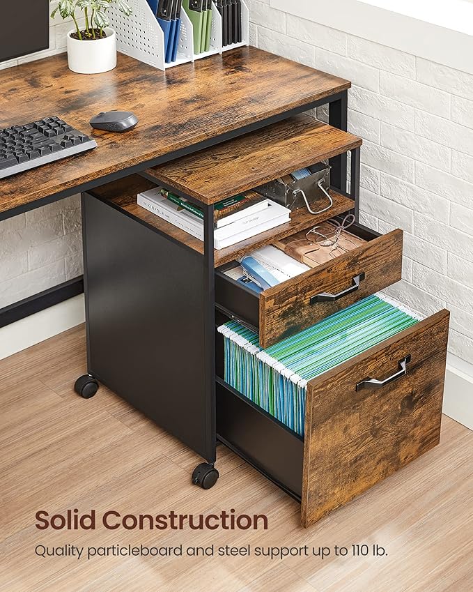 VASAGLE File Cabinet, Mobile Filing Cabinet with Wheels, 2 Drawers, Open Shelf, for A4, Letter Size, Hanging File Folders, Rustic Brown and Ink Black UOFC71X