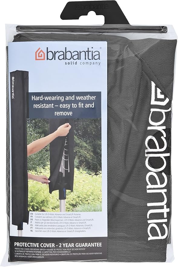 Brabantia Lift-O-Matic Advance Outdoor 4 Arm Clothesline (164 ft/Ø 1.97") Height Adjustable, Folding Clothes Drying Rack + Ground Spike, Cover + Bag of Clothespins (Gray)