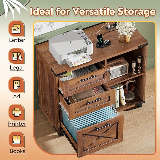 DEVAISE Wood File Cabinet with Charging Station, Mobile Lateral Filing Cabinet with Lock for Home Office, Printer Stand with Open Storage Shelves, Oak
