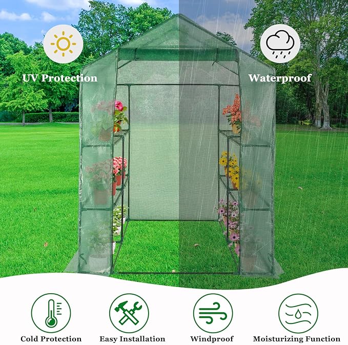 57 x 57 x 74'' Greenhouses for Outdoors, Durable Green House Kit with Window, Thicken PE Cover, 3 Tiers 8 Shelves, Heavy Duty Walk in Green Houses for Indoor Backyard Outside