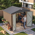 Devoko 8 x 6 FT Metal Storage Shed with Floor Frame Waterproof Garden Tool Shed with Lockable Door, Outdoor Shed Storage House for Backyard Patio Lawn, Brown