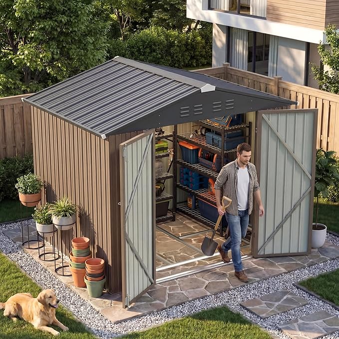 Devoko 8 x 6 FT Metal Storage Shed with Floor Frame Waterproof Garden Tool Shed with Lockable Door, Outdoor Shed Storage House for Backyard Patio Lawn, Brown