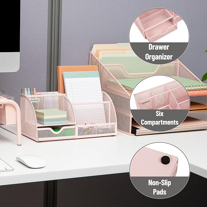 Mind Reader 7-Compartment Desktop Organizer, File & Accessory Storage, Metal Mesh Office Organizer for Desk, Workspace, Mail, Pink