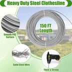 Outdoor Clothesline Kit, Clothesline Pulley Kit Include 150FT Clothes Line/ 2 Pulley/ 2 Separator Spreader/Tightener/ 4 Hooks for Outdoor Clothes