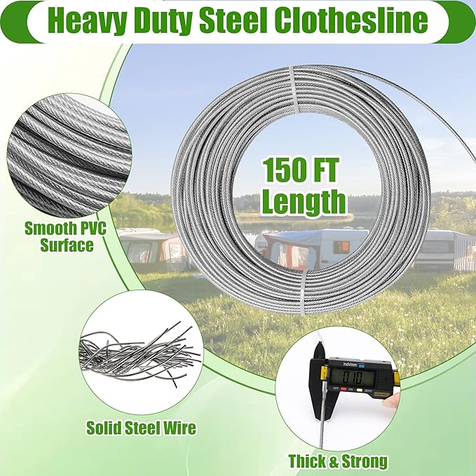 Outdoor Clothesline Kit, Clothesline Pulley Kit Include 150FT Clothes Line/ 2 Pulley/ 2 Separator Spreader/Tightener/ 4 Hooks for Outdoor Clothes