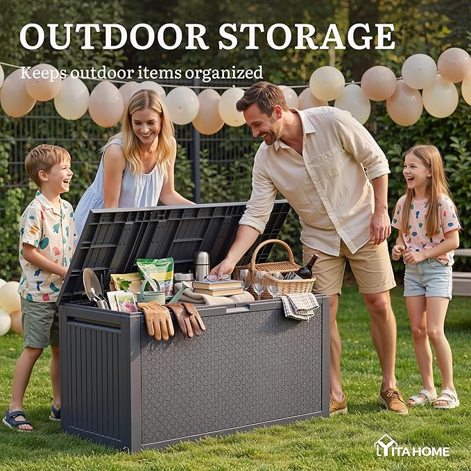 YITAHOME 90 Gallon Large Outdoor Deck Box, Lockable Waterproof Resin Storage Box with Handles, Weatherproof & UV Resistant, Patio Garden Tool Container for Outdoor Furniture, Dark Grey