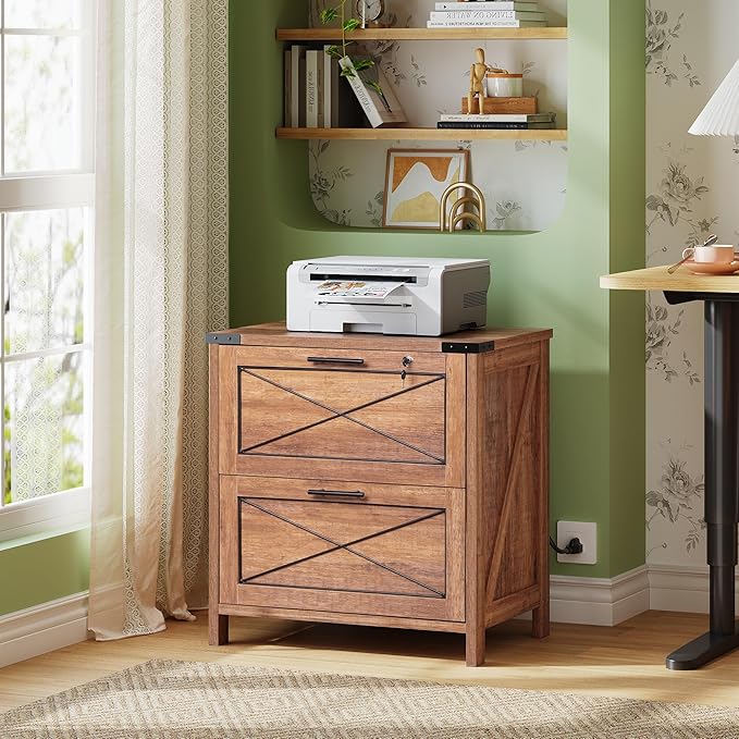 DEVAISE Lateral File Cabinet with Lock, 2 Drawers & Charging Station, Farmhouse Wood Printer Stand with Large Storage, Fits A4/Letter/Legal Hanging Files, Oak