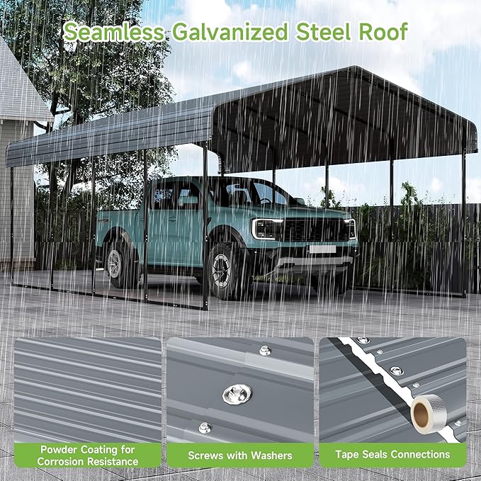 12x20FT Metal Carport,Heavy Duty Carport with Reinforced Frame and Galvanized Steel Roof, Large Outdoor Garage Shelter Shade Car Port for Pickup Trucks, Boats, Cars & Tractors, Farm Tools, Party,Gray