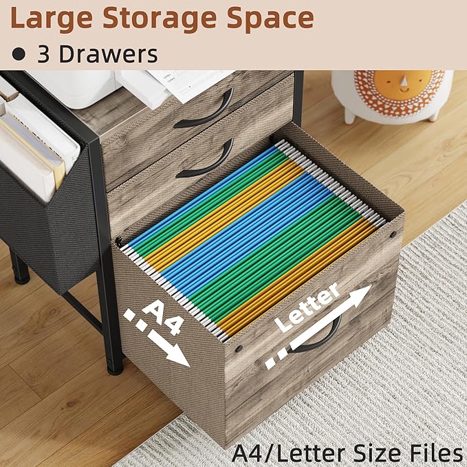 Small 3 Drawer File Cabinet with Charging Station, 45''H, 3-Tier Filing Cabinet for Home Office, 11''*16'' for Small Printer, Fabric Drawer Fits Letter/A4, Tall Printer Stand, Grey