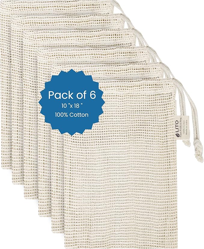 LITO LINEN AND TOWEL Produce Bags| Storage with Drawstrings | Cotton Mesh for Vegetables, Fruit, Onion & Grocery Shopping| Reusable Washable Food Bag| Cloth Shoe Bags| 6 Pack 10"x18"-Large - Natural