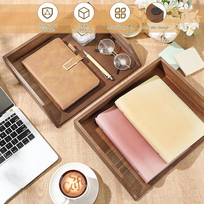 2 Pcs Wooden Letter Tray Wood Letter-Size Desk Organizer Heavy Duty 2 Tier Stackable Support Paper Tray Desktop Drawer File Folder Magazine Office Accessories Back to School(Dark Wood)