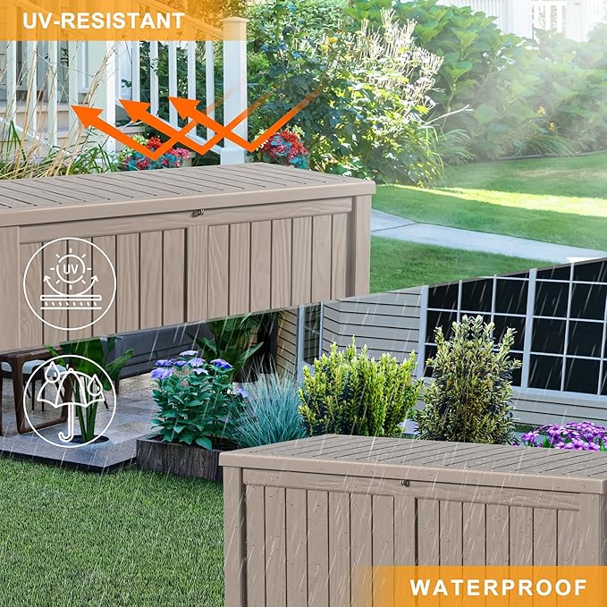 150 Gallon Deck Box Outdoor, Waterproof Outdoor Storage Boxes with Lids, Outside Resin Lockable Storage Box for Patio Cushions, Garden Tools(Grey)