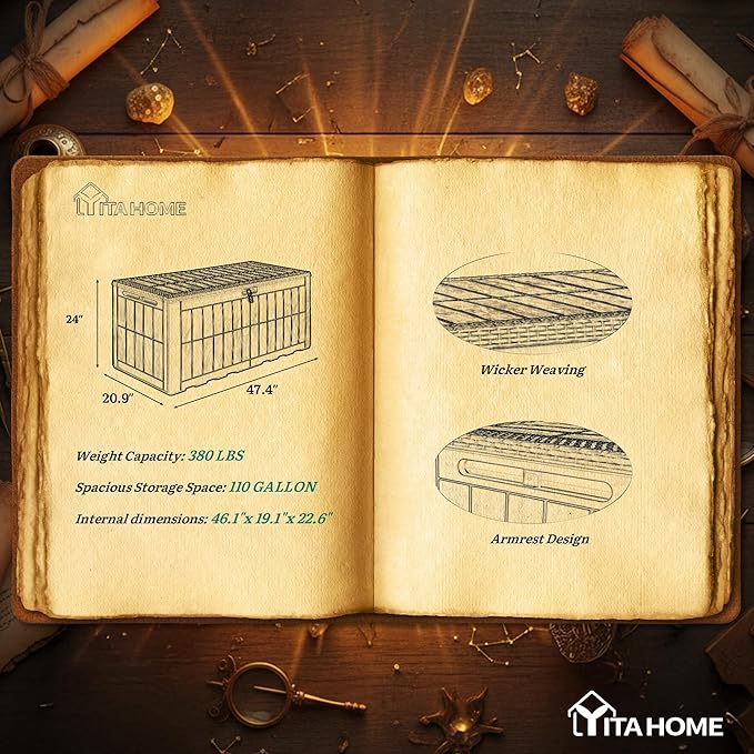 YITAHOME 110 Gallon Outdoor Deck Box, Waterproof Resin Storage Box with Lock, Lockable Patio Furniture Bin, 2-Person Bench Seating for Outdoor Cushions, Garden Tools & Sports/Pool Supplies, Dark Brown