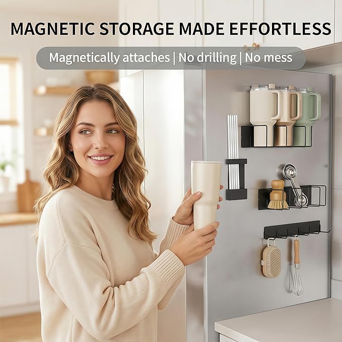 Magnetic Cup Holder for Fridge (4-Piece Set) – Compatible with Stanley Quencher H2.0 & Yeti 20–40oz – Heavy Duty 18LB Anti-Slip Magnetic Organizer with Straw Holder & Hook Rack for Kitchen, Garage