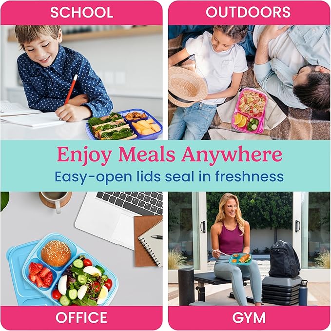 Bentgo Easyboxes - Original Stackable Lunch Boxes - Reusable 3-Compartment Food Containers for Kids and Adults - Bento Lunch Box for Meal Prep, School, & Work - BPA Free, Set of 10 (Jewel Brights)