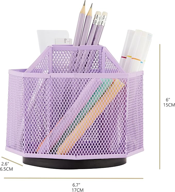 Annova Mesh Desk Organizer Rotate with 5 Compartments Spinning Tidy Candy/Pen Holder Office, Art Supply, Storage, Classroom, Home (Light Purple)