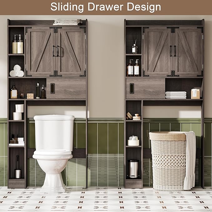 ChooChoo Over The Toilet Storage Cabinet, Farmhouse Bathroom Storage Cabinet with Sliding Door, Over Toilet Storage with Adjustable Shelves, Space-Saving, Grey