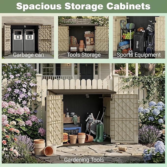 LHBcraft Waterproof Outdoor Storage Box 36 Cu Ft with Lockable Doors, Portable Horizontal Resin Storage Cabinet, Outdoor Storage Shed for Backyards, Easy to Assemble