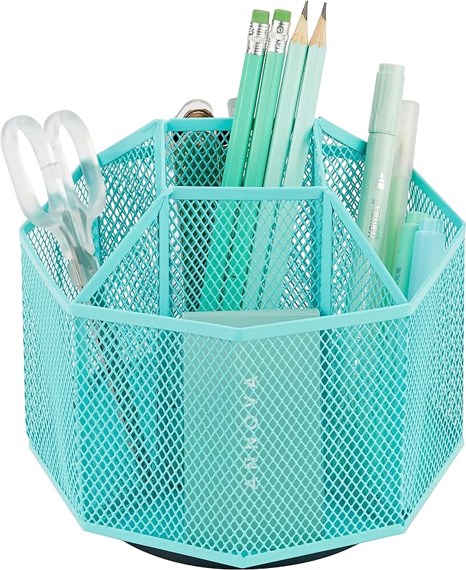 Annova Mesh Desk Organizer Rotate with 5 Compartments Spinning Tidy Candy/Pen Holder Office, Art Supply, Storage, Classroom, Home (Turquoise)