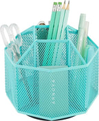 Annova Mesh Desk Organizer Rotate with 5 Compartments Spinning Tidy Candy/Pen Holder Office, Art Supply, Storage, Classroom, Home (Turquoise)