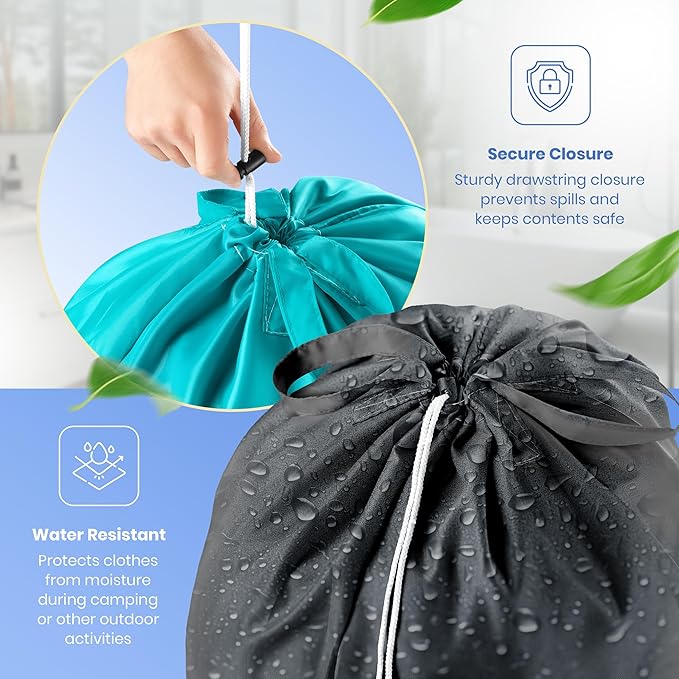 Handy Laundry Extra Large Travel Laundry Bags 2-Pack – 24 x 36 Inches Heavy Duty Water-Resistant Dirty Clothes Bags for Travel, Camping, Dorm, Family – Sturdy Drawstring Closure, Teal-Grey Print
