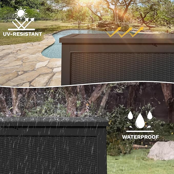 DWVO 260 Gallon XXL Extra Large Deck Box, Resin Outdoor Storage Box, Lockable & Waterproof, Double as Seating, 1000lbs Capacity (Black)