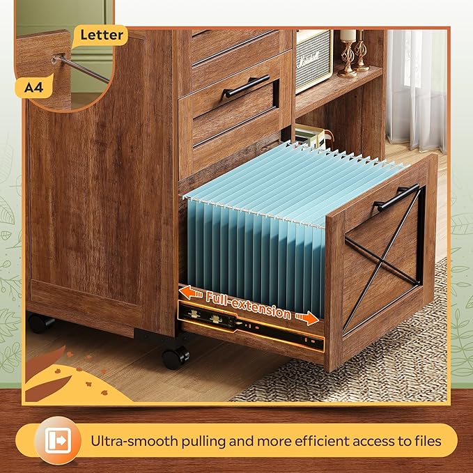 DEVAISE Wood File Cabinet with Charging Station, Mobile Lateral Filing Cabinet with Lock for Home Office, Printer Stand with Open Storage Shelves, Oak