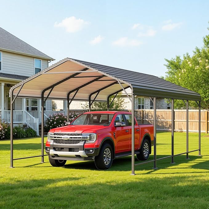12x20FT Metal Carport, Heavy Duty Carport Canopy with Reinforced Frame and Base for All-Weather, Outdoor Garage Car Port for Pickup Trucks, Boats, Tractors or Party