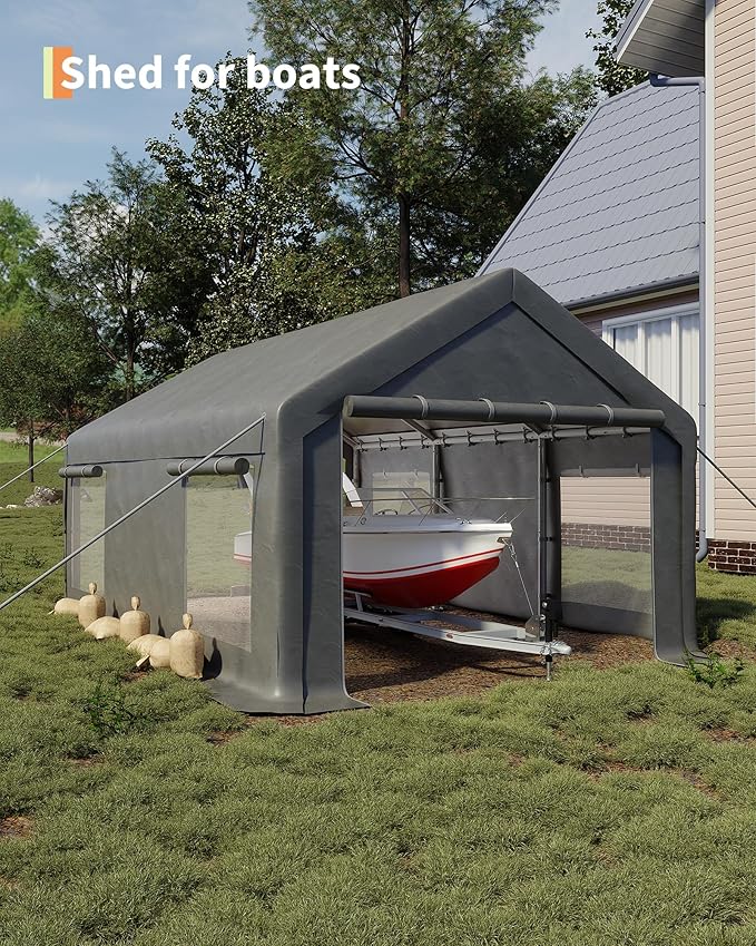 GarveeLife 10x20 ft Portable Garage, Car Port with 200 g PE Tarp Cover, with Front & Rear Roll-Up Doors and 4 Windows, for Temporary Paint Booth, Boats&Pickups Shed, and Event Shelter, Gray
