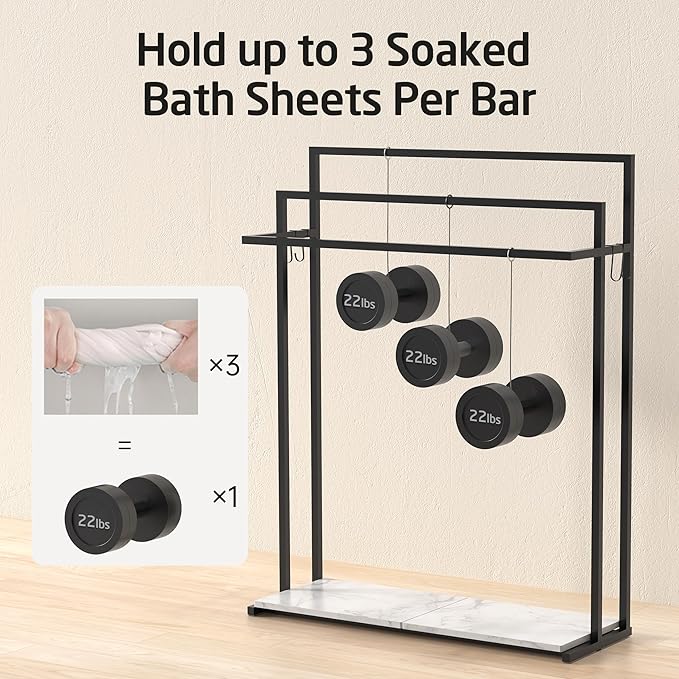 KES Extra Large Free Standing Towel Racks for Bathroom with Anti Wobble Base, 44 Inch Blanket Rack, 3-Tier Blanket Holder for Living Room with Weighted Marble Shelf & 4 Hooks, Matte Black, BTH504-BK