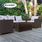 Suncast Outdoor Storage Box - 73 Gallon Mocha Brown Deck Box for Patio, Waterproof Outdoor Storage Bench, Resin Wicker Style, Heavy-Duty, Lockable Lid for Cushions, Shoes, Pool & Garden Gear