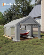 10 x 20ft Carport, Portable Carport with Roll-Up Windows & Removable Sidewalls & Doors Thickened Wind Ropes, Ground Nails, Portable Garage for Cars, Trucks, Boats, 200G Durable Tarp Cover,White