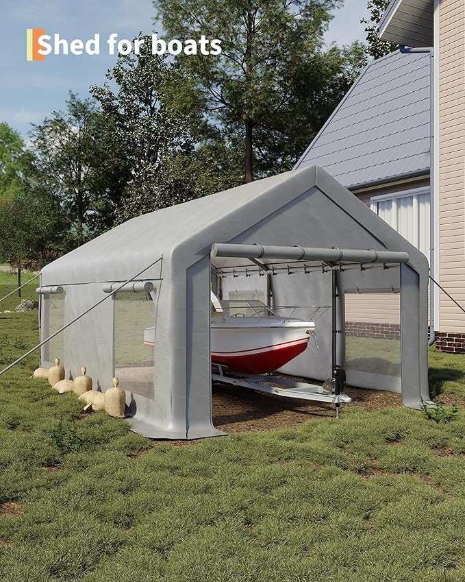 10 x 20ft Carport, Portable Carport with Roll-Up Windows & Removable Sidewalls & Doors Thickened Wind Ropes, Ground Nails, Portable Garage for Cars, Trucks, Boats, 200G Durable Tarp Cover,White