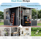 VanAcc 9x9x7 FT Metal Storage Shed, Dual-Zone Tool Shed with Work Area, Reinforced Frame, Gable Roof, Ventilated Design, Dark Grey