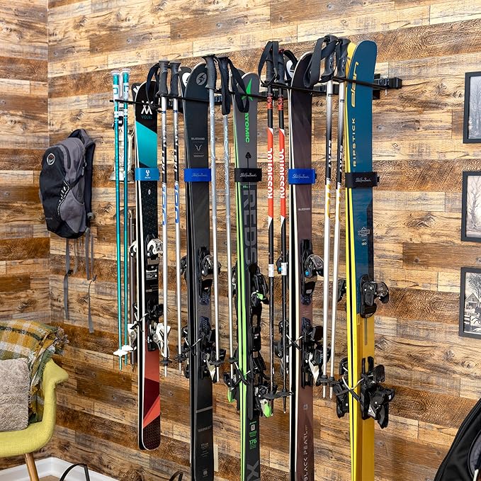 StoreYourBoard Solitude Ski Storage Rack, Wall Mount Organizer with Shelf option, Holds 10 Pairs of Skis, Heavy Duty Supports 300 lbs