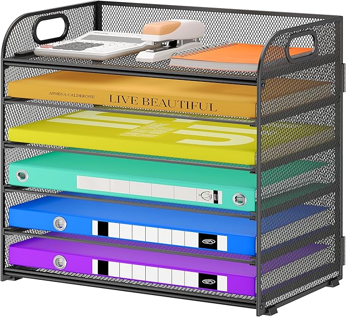 6 Tier Paper Organizer, Black Letter Tray with Handle, Mesh Desk Organizer, Metal File Organizer, Office Desk Accessories for Home, Office, Classroom, School