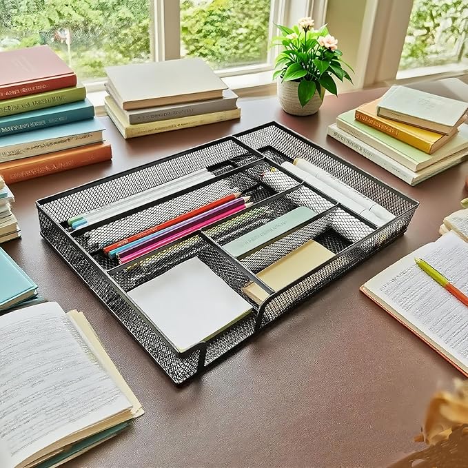 Desk Drawer Organizer Metal Mesh Drawer Organizer Tray for Office School or Home Supplies Desktop Storage Stationery, 6 Compartments, 12.6 x 8.27 x 1.57 inch，Black (2pc pack)