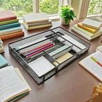 Desk Drawer Organizer Metal Mesh Drawer Organizer Tray for Office School or Home Supplies Desktop Storage Stationery, 6 Compartments, 12.6 x 8.27 x 1.57 inch，Black (2pc pack)