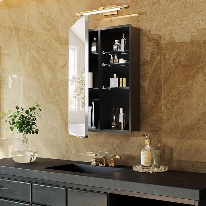 Silver Bathroom Medicine Cabinet 20x30 Inch, Aluminum Mirror Cabinet with Storage, 6 Adjustable Glass Shelves, Waterproof Recessed or Surface Mount, Classic Silver Finish, Quiet Closing